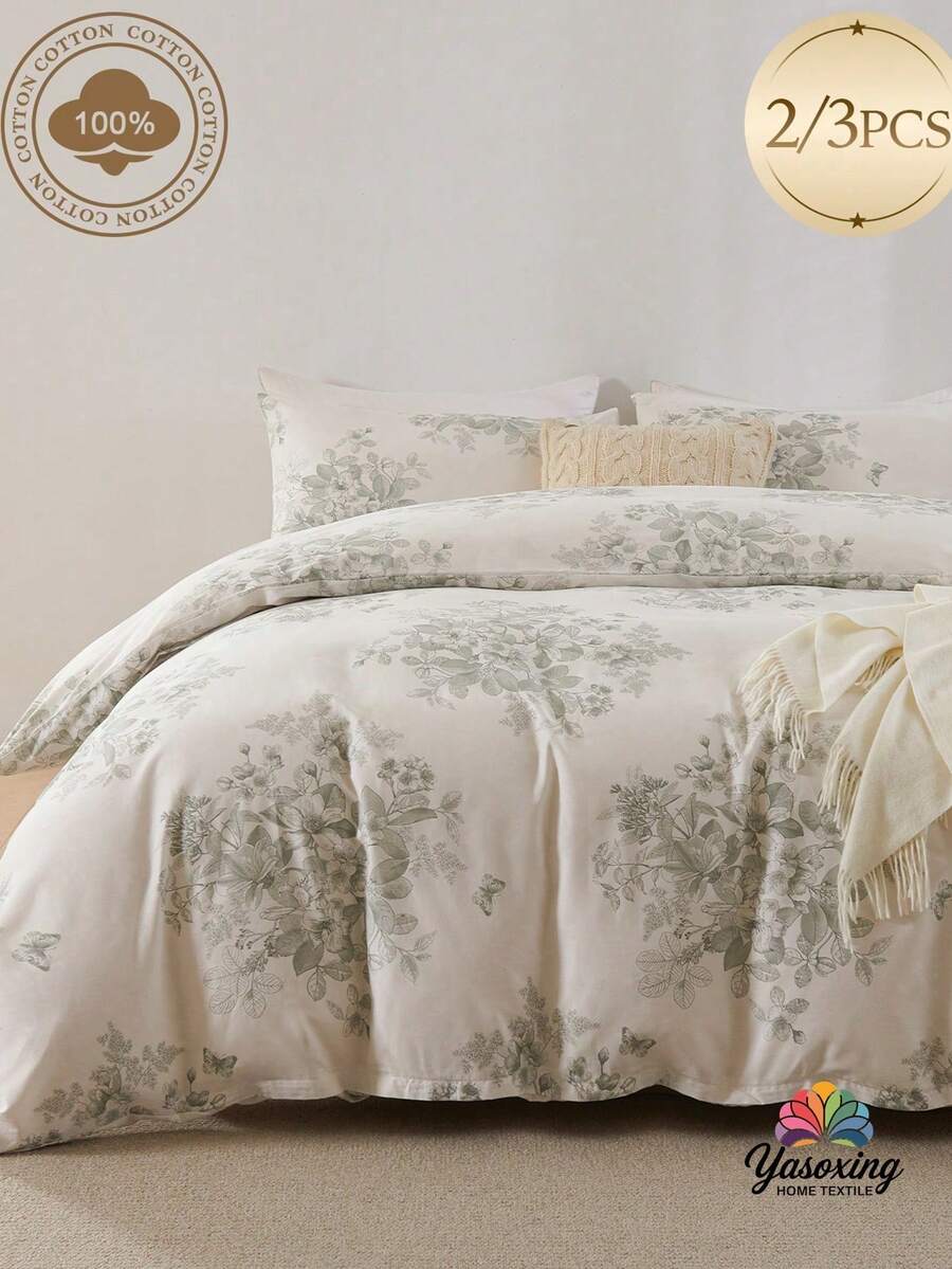Bộ ga trải giường và vỏ gối in họa tiết lá xanh và hoa (2/3 món, không kèm ruột gối), thoáng khí và siêu mềm, phù hợp cho mọi mùa (1 vỏ chăn + 1/2 vỏ gối, không kèm ruột gối), thiết kế hai màu nhẹ nhàng, phù hợp với phòng ngủ hiện đại và phòng khách, các kích cỡ: Siêu lớn, Lớn, Đôi tiêu chuẩn, Đơn. - Nhiều màu - Xem 1