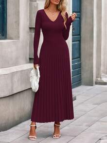 Women Sweater Dress Fall Fashion  Long Sleeve V Neck Ribbed Knit Pleated A Line Elegant Maxi Winter New Years Vacation  Dresses Vestidos Elegantes De Mujer - Màu Đỏ Sâu - Xem 6