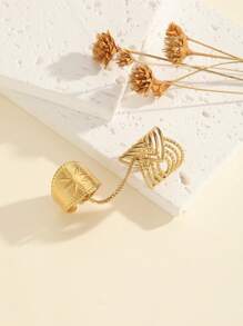 1PC Fashionable Unique Personalized Finger-Linked Stainless Steel Gold-Plated Open Adjustable Ring For Women Exquisite Waterproof Daily Wedding Party Jewelry Gift