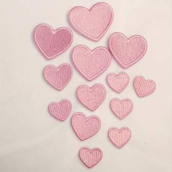 12pcs/Set Pink Heart Embroidery Hot Melt Adhesive Patches, Clothing Accessories Shoes Hats Bags Socks Decorative Fabric Patches