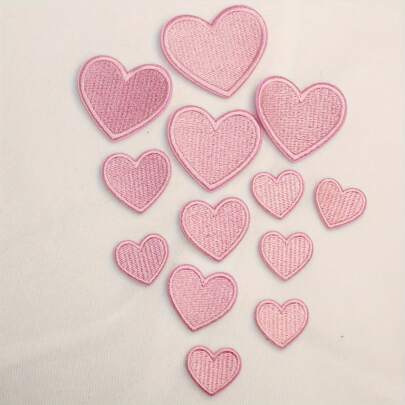 12pcs/Set Pink Heart Embroidery Hot Melt Adhesive Patches, Clothing Accessories Shoes Hats Bags Socks Decorative Fabric Patches