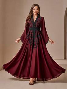 Women's Embroidered V-Neck Color Block Elegant Dress - Burgundy - View 3