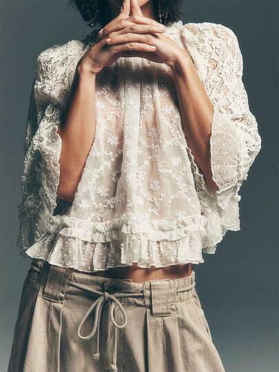 Women's Lace 3/4 Sleeve Mesh Top Crew Neck Sheer Blouse See Through Floral Embroidery Loose Tops