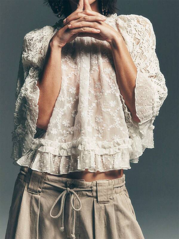 Women's Lace 3/4 Sleeve Mesh Top Crew Neck Sheer Blouse See Through Floral Embroidery Loose Tops