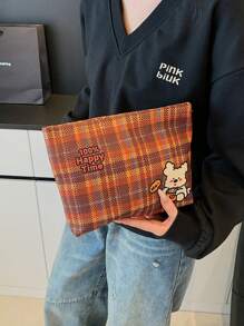 可爱卡通印花化妆包复合面料化妆包唯美女士手提包钱包收纳化妆包女生行李旅行收纳包可爱收纳包学生返校开学季必备格子 - 彩色 - 查看 3