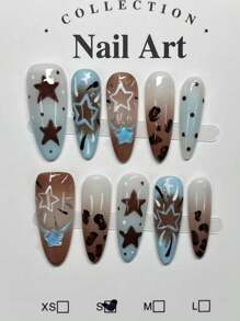 10 件装舒适秋冬豹纹按压指甲棕色带星星图案 - 动物印花和五角星设计的别致组合指甲用品 - 巧克力棕 - 查看 4