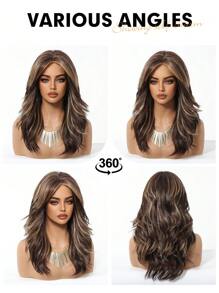 20英寸长波浪棕色渐变合成假发，中分金色卷发，适合女性日常、派对、角色扮演、度假、家庭聚会、母亲节、万圣节、圣诞节等场合佩戴，也可作为礼物送给女朋友。 - 挑染棕色 - 查看 10