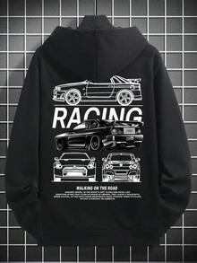 Men's Autumn/Winter Racing Culture Black Hoodie, Exclusive For Car Enthusiasts, Long Sleeve Top - Black - View 6