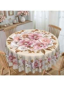 1pc Elegant Marble 3D Floral Print Round/Rectangular Tablecloth, Pink & White Flower, Luxurious Pearl Pattern Round/Rectangular Decorative Tablecloth, Party Decor, Home Kitchen Dining Table Cover, Indoor Outdoor Use, Home Decor, Holiday Gift For Family & Friends