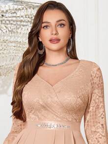 Plus V-Neck Floral Lace Contrast Chiffon Rhinestone Ribbon Waist Formal Party Long Dress, Valentine's Day Dress, Wedding Guest Dress, For Prom, Festivals, Graduation, Dinner - Champagne - View 8