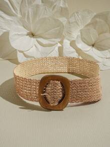 1 件女士编织宽腰带时尚腰带，带木质方形扣，适合万圣节夏季连衣裙、学校