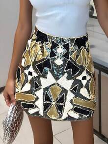 Sequin Skirt For Women Stretchy Bodycon Night Out Party Shine Sparkly Pencil Skirts - 金色 - 查看 1