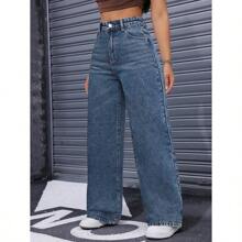 Solid High Waist Wide Leg Slant Pocket Jeans - 藍色 - 查看 4
