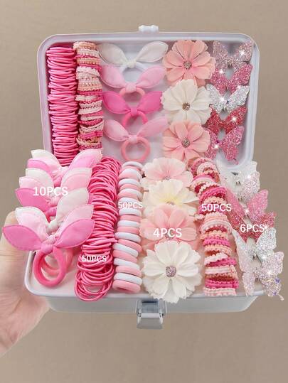 170pcs Pink Tone Faux Flower Hair Clips, Elastic Hair Ties, Rabbit Ear Hair Bands, Butterfly Hair Claws, Duck Clip Hair Accessories, Fashionable & Versatile, Suitable For Daily Use, Gift
