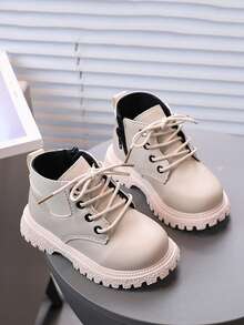 男女通用婴儿时尚靴子，休闲百搭橡胶软底系带侧拉链户外低帮踝靴 - 米色 - 查看 3