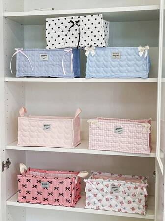 1Pc Floral & Bow Knot Pattern Bow Knot Decorate Quilting Girls Cosmetic Storage Basket , Skincare Storage Basket ,Women Make Up Storage ,Kids Toy Storage Basket , Sundries Storage Basket , Hair Accessory Storage Basket