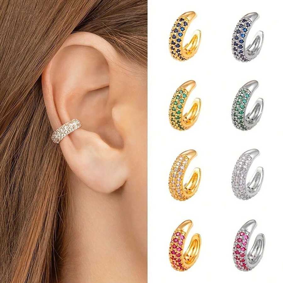 1pc Elegant Minimalist C-Shape Clip-On Earrings For Women, Fashionable Luxury Colorful Cubic Zirconia 18K Gold Plated Non-Pierced Jewelry Earrings