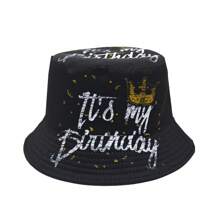 Elegante cappello secchiello con design della corona "È il mio compleanno" - leggero, nero con scritte dorate, 1 pezzo cappello secchiello in poliestere per feste di compleanno