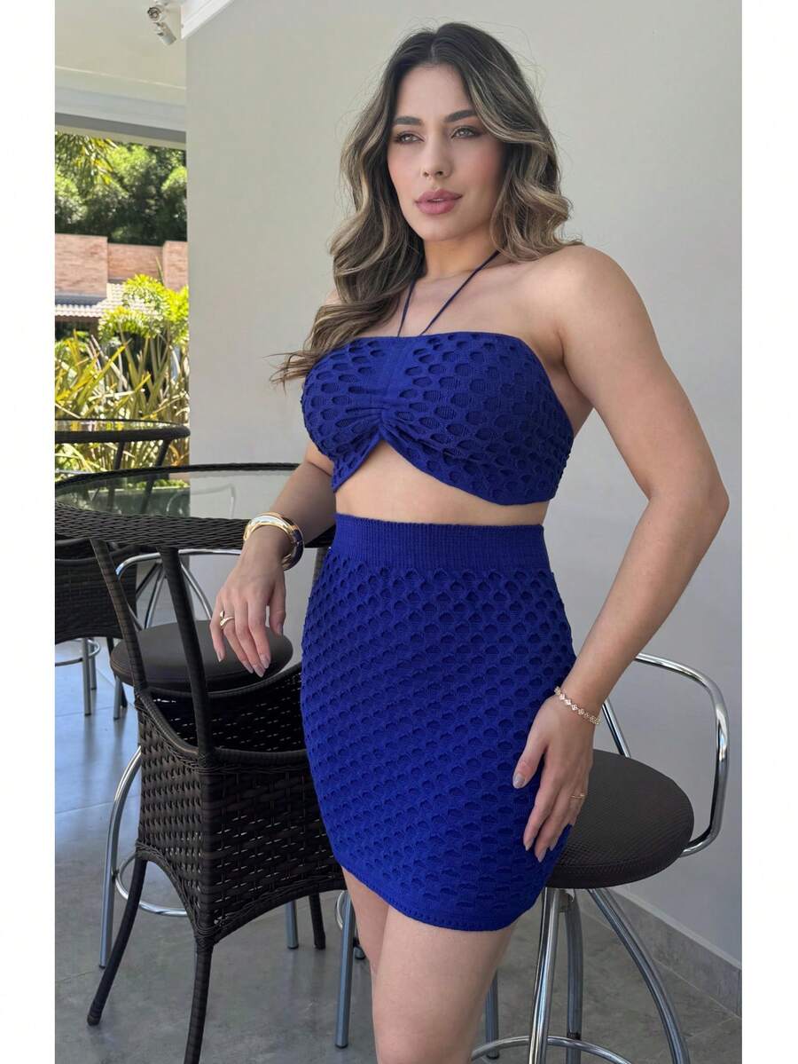 Women's Modal Knit Set With Relief Scales, Top And Skirt, Summer Knitwear - Royal Blue - View 1