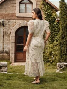 Anewsta 优雅纹理杏色短袖圆领连衣裙，春夏 - 查看 3