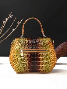 Classic Solid Color Mini Square Handbag, Crocodile Pattern Top Handle Bag For Women - 6#黃+棕 - 查看 5