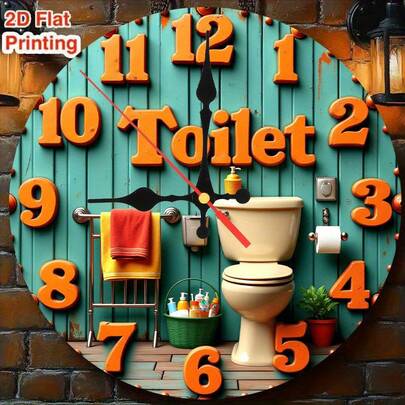 2D Flat, Room Decor, 1pc, A Bathroom With A Toilet And A Sign That Says Toilet, 9.8-Inch, 2D Wooden Flat, Silent Wall Clock, Non-Luminous, Wooden Quartz Design, Perfect For Spiritual Homes/ Holiday/ Living Room/ Coffee/ Bedroom/ Gifts Decor.,2D Flat