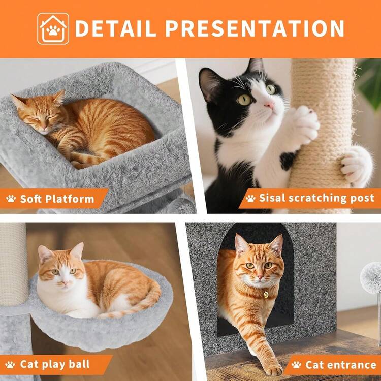 Cat Tree With Litter Box Enclosure, Hidden Cat Washroom Furniture,All-In-One Indoor Kitten House W/Scratching Posts, Multiple Platform And Condo, Modern Style Cat Tower, Hammock - 棕色 - 查看 8