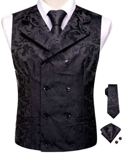 Chaleco de hombre talla grande 4XL azul marino con estampado de cachemir, corbata, pañuelo y gemelos, para boda, formal e informal