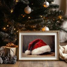 1 pieza, Arte de pared de lienzo, Decoración de pared enmarcada, Gorro de Papá Noel vintage, Pintura al óleo de Papá Noel vintage, Impresión en lienzo de gorro de Papá Noel clásico, Póster de Papá Noel, Arte de pared navideño, Decoraciones navideñas, Póster navideño, Decoración de pared minimalista de invierno