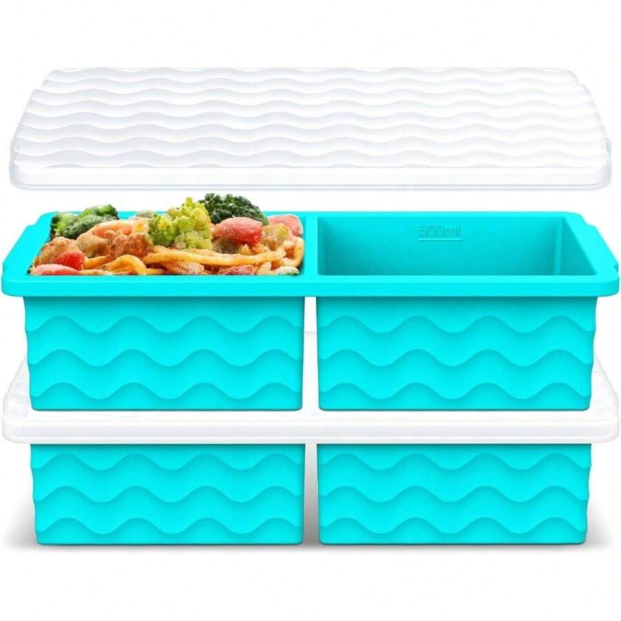 Silicone Freezer Tray With Lid - 2 Cup Soup Freezer Container Molds - Extra Large Ice Cube Tray - Silicone Freezer Food Molds For Freezing Storing Soup, Sauce, Broth, Leftovers(2 Pack - 水藍色 - 查看 1
