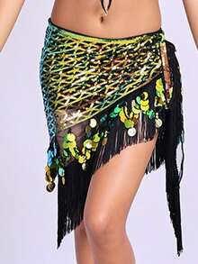 One Women's Belly Dance Hip Towel, A Triangular Coin-Embellished Hip Towel With Tassels And Sequins, Suitable For Music Festival Stage Performance Costumes And Accessories. - Multicolor - View 5