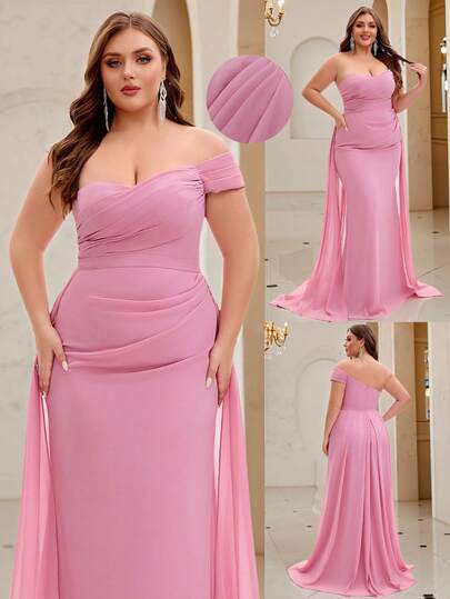 NIKBK 大码腮红粉色露肩美人鱼礼服 - 褶饰雪纺紧身胸衣，不对称飘逸雪纺拖尾，鸡心领口和拖地下摆 | 优雅正式礼服，适合晚会、婚宴、舞会和黑色领带仪式