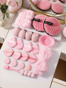 4/7/20/27件套化妆工具套装，包含：4个化妆海绵+4个迷你化妆海绵+4个三角粉扑+4个迷你气垫粉扑+1个发圈+2个手碗挂绳+1个化妆刷清洁工具+2个洁面海绵+4个气垫粉扑+1个洗鼻刷