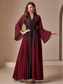 Women's Embroidered V-Neck Color Block Elegant Dress - Burgundy - View 4