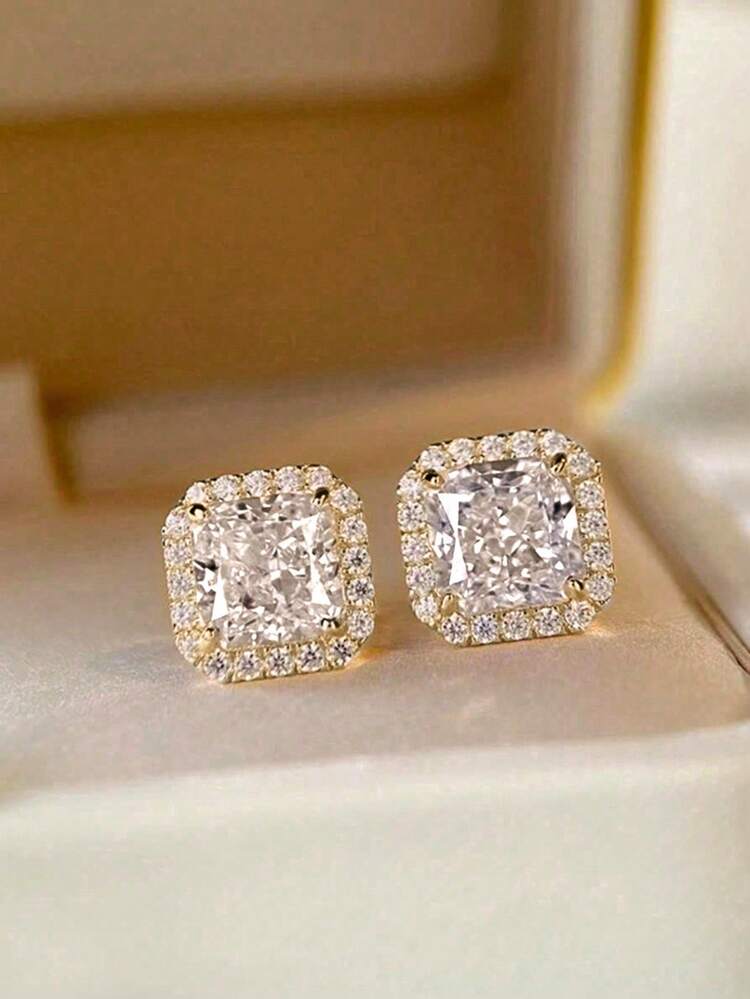 1 Pair Elegant Cubic Zirconia Stud Earrings, Suitable For Women, Suitable For Weddings, Engagements, Anniversaries, Parties, Valentine's Day And Other Occasions - Yellow Gold - View 1