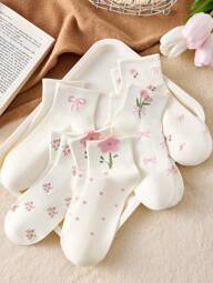 5 Pairs Kids Autumn/Winter Bow, Polka Dot, 3D Flower White Lolita Style Elastic Mid-Calf Socks, Suitable For School And Outdoor Wear