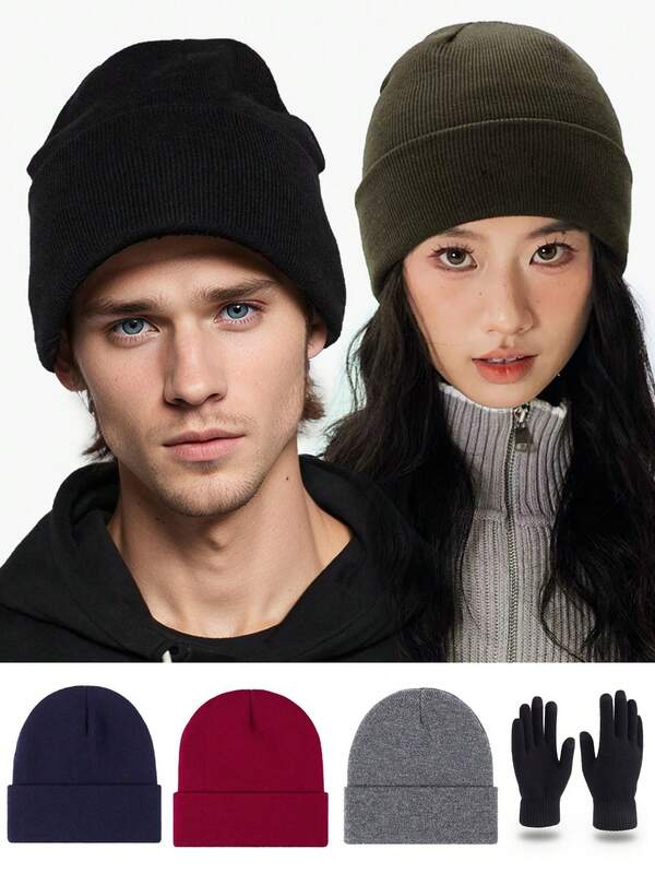 1 pieza Gorro de punto simple de moda unisex, gorro, guantes de punto, cuello cálido, adecuado para uso diario en otoño/invierno, deportes al aire libre como senderismo, esquí, ciclismo