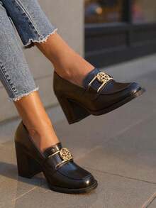 Persephone Nero Women's Block Heel LoafersLeather Gold Buckle