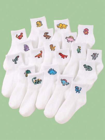10双随机恐龙图案儿童袜，清凉日常穿着，男女童皆宜，适合春、夏、秋、冬四季，休闲白袜，日常袜，婴儿袜