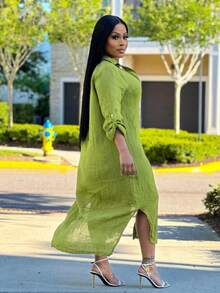 S391137 Đầm sơ mi dài đơn giản cài nút phía trước dành cho nữ mùa hè - màu xanh lá - Xem 4