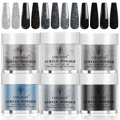 CHOSEOS 6色亚克力粉套装，在家即可打造沙龙级美甲，是初学者和专业人士的理想之选，适用于亚克力按压式美甲。