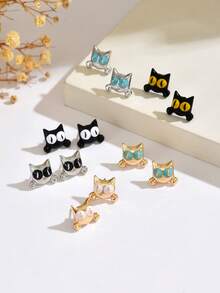 6 أزواج من أقراط الأذن ذات الطراز الجوتي بتصميم قطة سوداء كرتونية جميلة، مجموعة مجوهرات هالوين، اكسسوارات حفلة العطلات