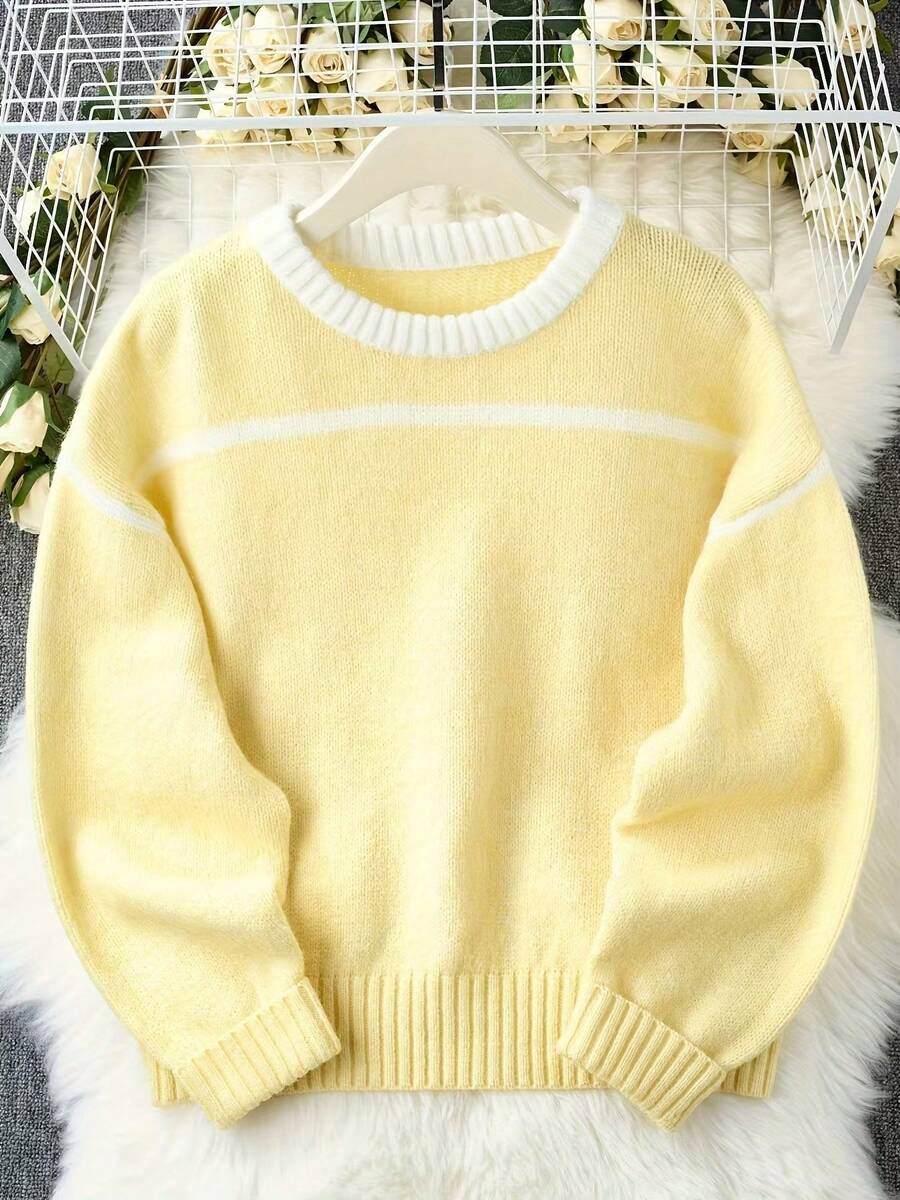 Damen Weiche, süße Strickbluse, Layering Pullover für den Herbst - Gelb - Übersicht 1