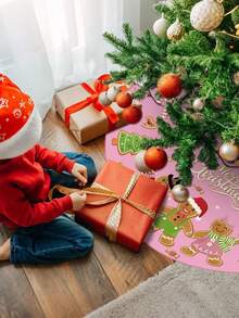 Saia para árvore de Natal Joy, 48 polegadas, boneco de gengibre, tapete para árvore de Natal com lindos enfeites de floco de neve de frutas vermelhas doces para festival de inverno, decoração de festa de Natal e ano novo (rosa) - Rosa - Ver 2