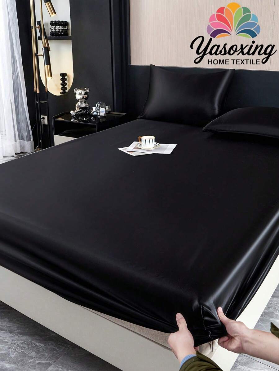 3pcs Solid Color Black Satin Fitted Sheet Set Simulation Silk Fitted Sheet Set With 1pc Fitted Sheet+2pcs Pillow Case Without Filler, Modern Soft Bedding Set For Household Sheet Deep Pocket Up To 13.8 Inch Satin Pillowcase, Soft Breathable Wrinkle-Free Better For Sleep, Luxury Hotel Style, Gift For Mom Dad Friend Domitory Bedding Back School Bedding