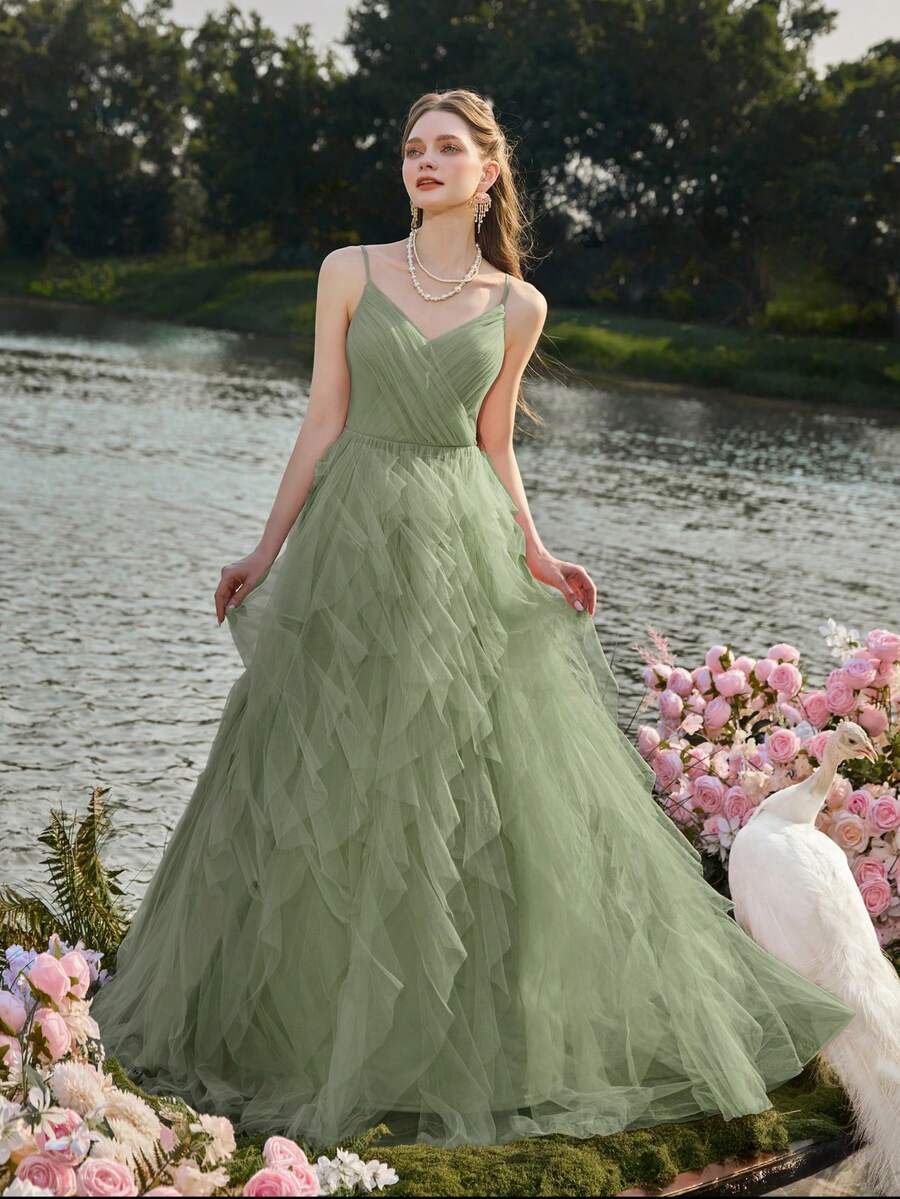 Faeriesty Elegant Women's Evening Gown With Delicate Thin Straps, Sheer Tulle Fabric, And Tiered Ruffle A-Line Skirt | Sophisticated Formal Dress For Wedding Receptions, Masquerade Balls, Mystical Garden Parties, Formal Dinners, Black-Tie Events, Graduation Dress & Birthday Women Outfits,Spring Dresses Summer Outfits