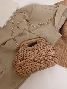 时尚草编包，女士小众时尚编织森林风链条单肩包，休闲百搭斜挎包，适合外出、约会、购物、送礼、通勤等各种场合 - 卡其色 - 查看 10