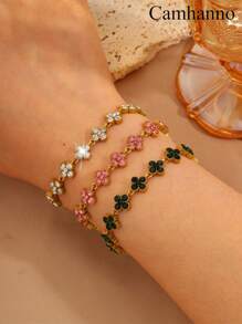 Camhanno 1 Pc Elegant And Exquisite Stainless Steel Bracelet, Creatively Designed With Four Leaf Flowers, Perfect Holiday Gift