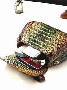 Classic Solid Color Mini Square Handbag, Crocodile Pattern Top Handle Bag For Women - 1#綠色+棕色 - 查看 7