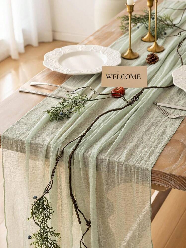 Camino de mesa de 71/118 pulgadas color verde salvia, camino de mesa de arpillera estilo bohemio chic, adecuado para bodas, despedidas de soltera, decoración del hogar de verano - Verde - Añade 1
